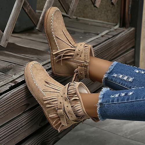 Women's Western Cowboy Boots, Fringe Faux Suede Boots Retro Round Toe Fringe Buckle Strap Ankle Boot Low Heel Rome Flat Shoes Tassel Knight Booties Shoes4
