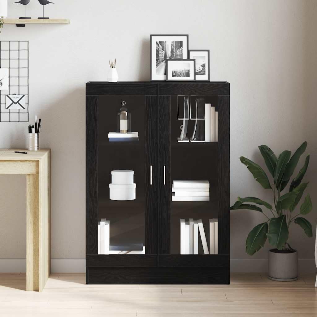 Bücherschrank Schwarz Eichen-Optik 82,5x30,5x115 cm Holzwerkstoff Regal mit 3 Fächern und Glastüren Stauraum für Bücher Aktenordner Deko Wohnzimmer Büro