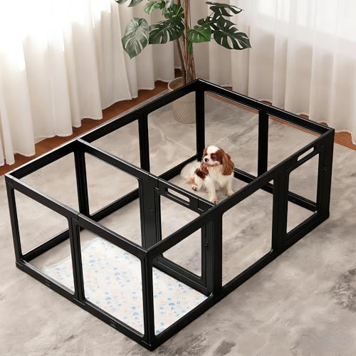 Image of Clear Acrylic Dog Playpen Indoor, Puppy Cat Small Pet 2 Room Play Pen, Pet Cat Playpen for Rabbits, Dog Fence Crate Kennel Whelping Cage (24 inch, Black, 12 Panel)