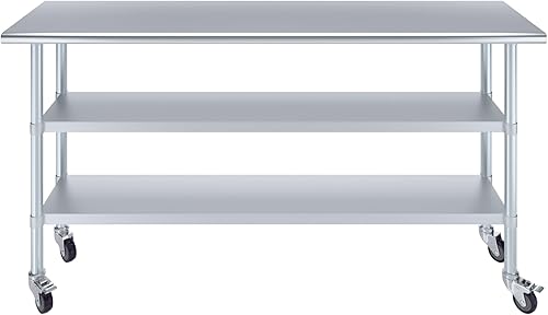 Miniatura 57 de AmGood Mesa de trabajo de acero inoxidable con 2 estantes y ruedas Mesa de trabajo de metal con ruedas