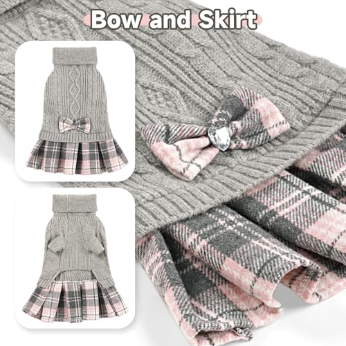 Image of YUDODO Small Dog Sweater Dress with Bowtie Turtleneck Knitted Pet Clothes | Fall Winter Warm Pet Clothes, For Small Dogs Girl, Soft Knit Fabric, Leash Hole, Long Sleeve, Grey, M