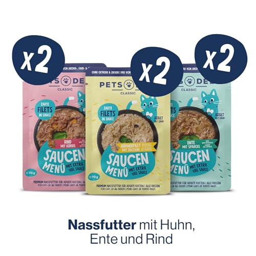 Pets Deli Getreidefreies Nassfutter Multipack Saucen Menü Huhn, Rind, Ente für Katzen 6 x 70g