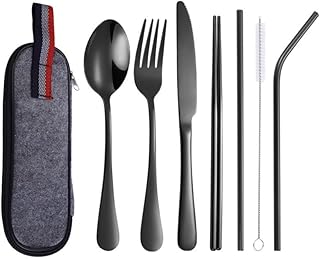 8 Piece Camping Cutlery Set with Zipper Cutlery Box, Stainless Steel Cutlery Set, Portable Cutlery, Outdoor Travel Cutlery, Picnic Set, Reusable, Black