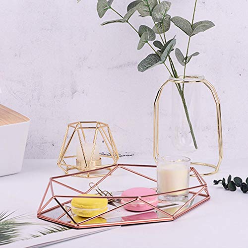Jewelry Storage Tray - Bathroom Sexangle Mirror Metal Gold Cosmetic Jewelry Storage Organizer Tray Box Plate(rose gold) - Image 2
