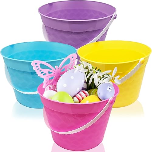 ArtCreativity Cestas de Pascua de plástico, juego de 4, cestas de caza de huevos en varios colores, ideales como decoraciones de fiesta de Pascua,