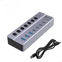 HUB USB 7 Portas, 3 USB 3.0 e 4 USB-C, Velocidade 5Gbps, Botões Individuais com LED, Corpo em Alumínio, Fonte Externa 5V/3A, Preto