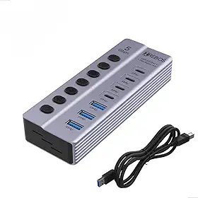 HUB USB 7 Portas, 3 USB 3.0 e 4 USB-C, Velocidade 5Gbps, Botões Individuais com LED, Corpo em Alumínio, Fonte Externa 5V/3A, Preto