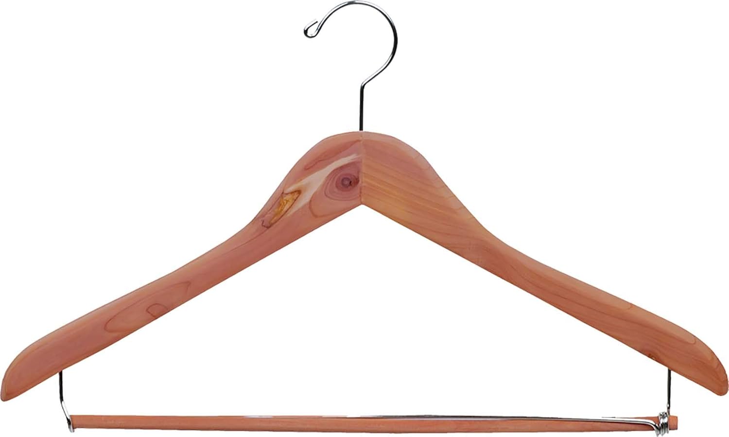 Unfinished Natural Red Cedar Wood Suit Hanger with Locking Bar in 17" Length X 7/16" Thick with Semi-Curved Body and Chrome Hardware, Box of 12