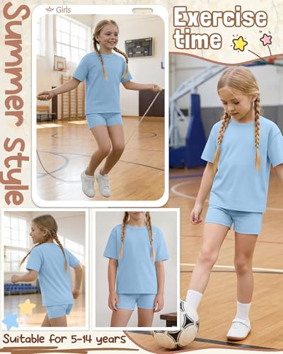 Image of Oakgarden Girls 2 Piece Outfits School Clothes | Back to School, Travel, Summer, Casual Sets, Athletic, Short Sleeve Top, Bike Shorts, Tween, Trendy, Matching Clothing, 5-14Y