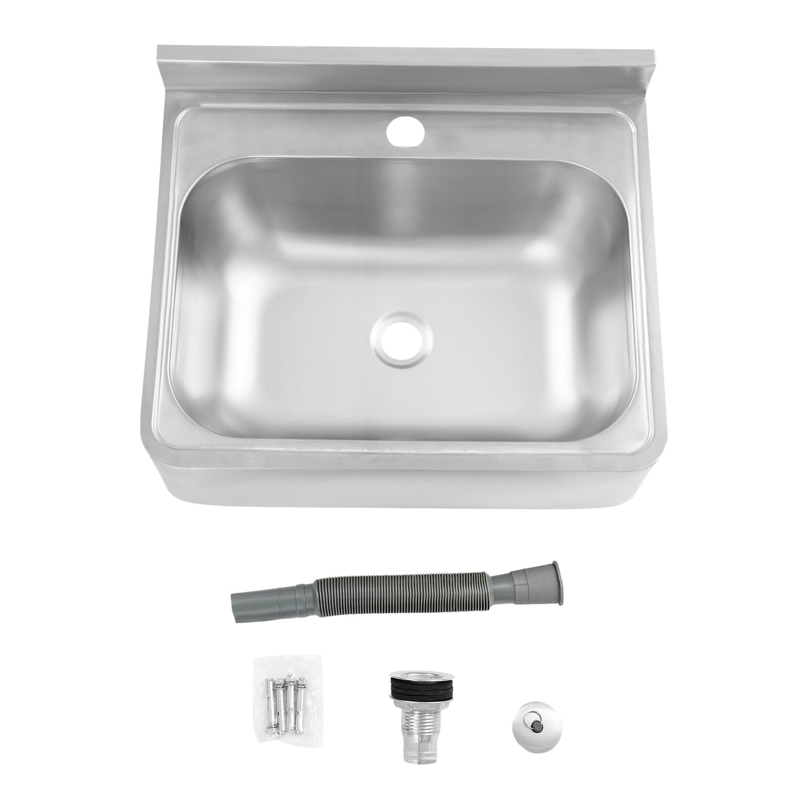 Lavabo de acero inoxidable montado en la pared con tubo de desagüe y anillo de tapón de desagüe, fregadero de acero inoxidable, rectangular, 48 x 39 x 20 cm, fregadero para cocina pequeña