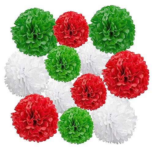 Image of 12pcs Red,Green and White Paper Pom Poms Decorations for Christmas Party Ceiling Wall Hanging Tissue Flowers Decorations - 3 Colors of 12 Inch, 10 Inch.