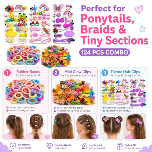 Image of 124 Pcs Hair Accessories for Kids Girls | Cute Baby Hair Clips, Theme Hair Clips & Mini Claw Clips Combo | Hair Accessories for Baby Girl | Kids Hair Clips Set | Mixed Designs