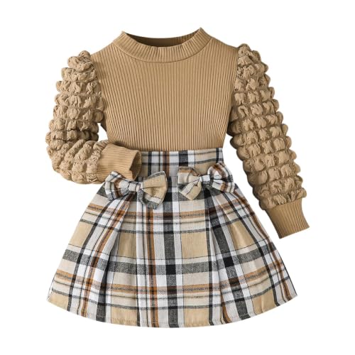 Image of Noubeau Toddler Girls Plaid Outfits Girls Puff Sleeve Knit Ribbed Shirt Tops Plaid Skirt Set Kids Fall Winter Clothes