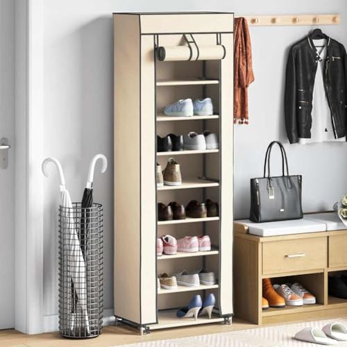 Kaloriko Zapatero con cubierta de tela no tejida, 57 x 29 x 162 cm, ahorro de espacio con 8 compartimentos, sistema de ranuras estable para pasillo, pasillo, armario, archivador para zapatos, mujeres