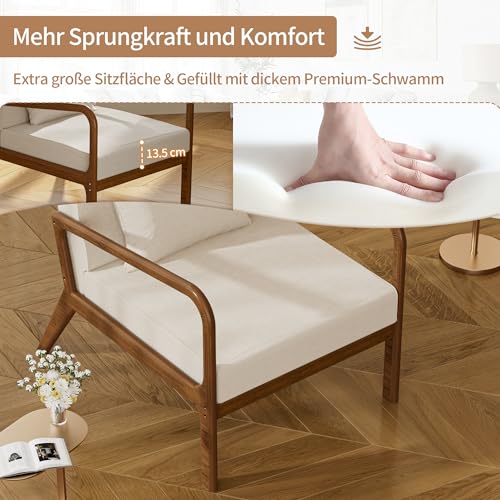 FiveWillowise Gepolsterter Sessel mit Armlehnen, Loungesessel mit Massivholzrahmen Relaxsessel für Wohnzimmer Schlafzimmer, Stoff Lehnsessel mit Lendenkissen, Ohrensessel, Polsterstuhl, Beige
