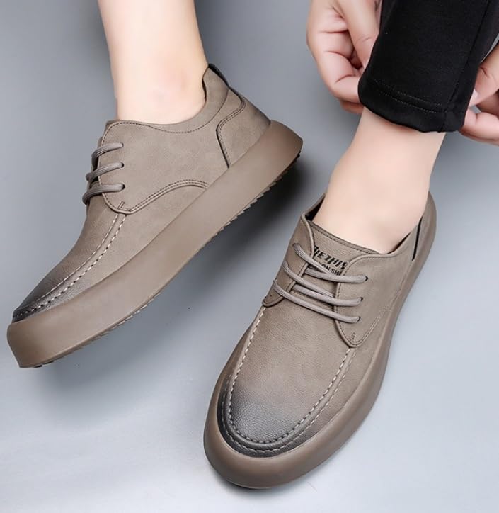 Men's Hand Stitching Leather Loafers Fashion Round Toe Soft Sole Outdoor Casual Breathable Lace Up Oxford Shoe Comfort Low Top Flats Dress Driving Shoes for Men4