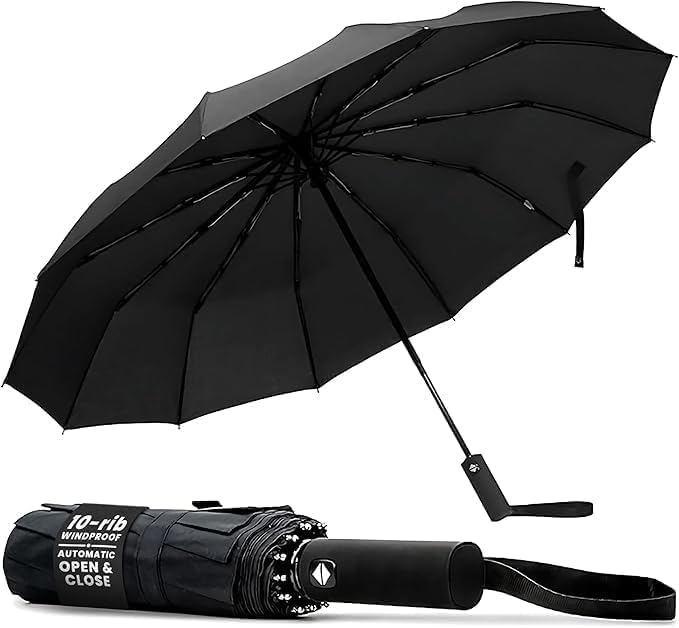 Windproof Umbrella – 10-Rib Waterproof & Compact Umbrella with Automatic Open/Close Function and Ergonomic Handle – Folding Mini Umbrella - Strong Umbrellas for Wind and Rain