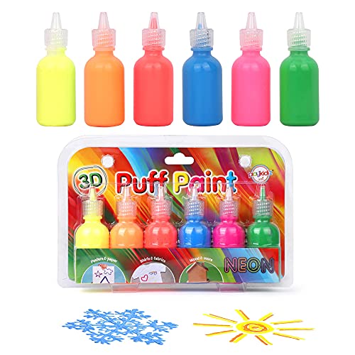 Playkidiz 3-D Art Neon Puff Paint for Kids, 6 Pack Color Pack Squeeze Paint, Non Toxic Puff Paint Set, Washable Fabric Paint, Classic Colors, Ages 3+.