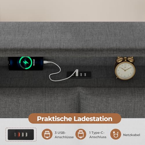 AOGLLATI Polsterbett Schlafsofa 140x200 mit USB-Steckdosen & hydraulischem Stauraum, Betten 140x200 mit LED-Kopfteil & Lattenrost, Kinderbett Tagesbett, Doppelbett, Leinen, Dunkelgrau (ohne Matratze)