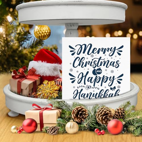 Image of Hanukkah Decor, Happy Hanukkah and Merry Christmas Wood Box Sign, Jewish Gift Ideas for Women, Jewish Christmas Home Office Decorations for Desk Table Shelf 5 X 5 Inches