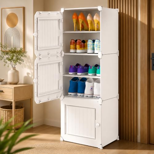 Image of Plastic Shoe Rack for Home with Door | 6-Shelf DIY Shoe Cabinet Organiser | Stores 12 Pairs | Foldable & Waterproof Shoe Stand for Entryway, Bedroom (White, 6-Layer)