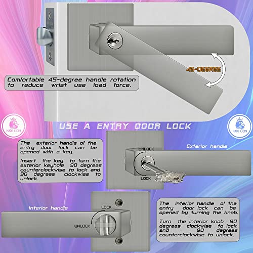 Hade Lion Entry Brushed Nickel Door Handle Locks With Keys, Square Entrance Straight Door Lever, Bedroom Heavy Duty Front/Interior Door Knobs 1 Pack #TOP2