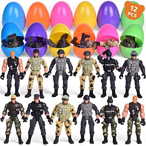 FUN LITTLE TOYS 12PCS Easter Eggs Prefilled with Army Men Realistic Army Ranger Action Figures, Easter Stocking Stuffers, Easter Basket Stuffers, Easter Egg Fillers
