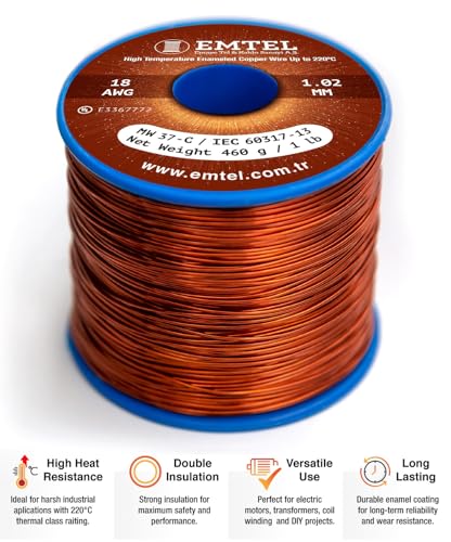emtel 18 awg - 1 lb 202 feet 999 pure copper wire enameled magnetic wire for motor transformer magnetic coil amp electroculture gardening winding magnet wire - 220c 428f thermal class