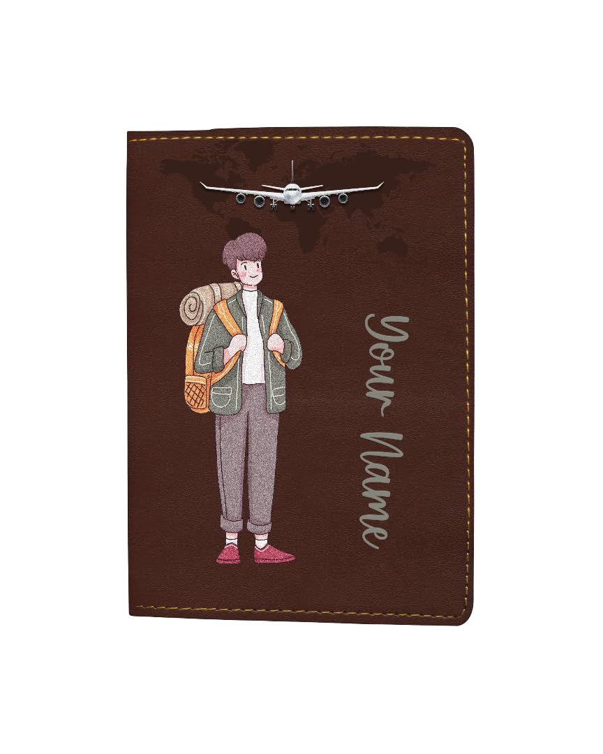 Customized Passport Cover for Men – Personalized Leather Passport Holder with Name | Travel Explorer Backpack & Airplane Design | Passport Wallet for Frequent Travelers-image-3
