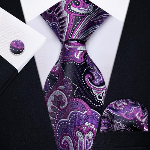 Image of YourTies Silk Paisley Floral Tie and Pocket Square Cufflinks with Lapel Pin Sets for Men 5PC Wedding Party