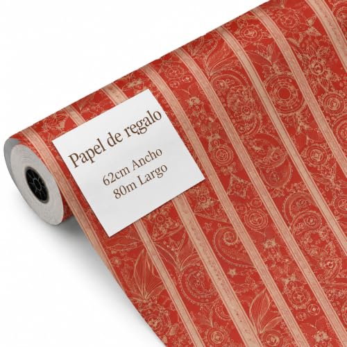Rollo de papel para envolver regalos, Papel Regalo Cumpleaños, Papel Regalo Navidad, Papel navideño, Tamaño 62 cm x 80 Metros, Contiene 1 Rollo con diseños Rojo figuras