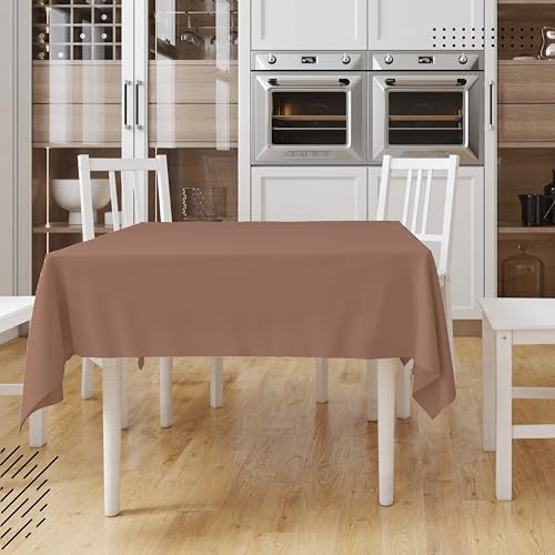 Image of Encasa XO Dining Table Cover Cloth for 4 Seater | 140x140 cm Cotton Canvas Square Table Cloth | Machine Washable Tablecloth for Indoor & Outdoor Use - Tan Solid Color