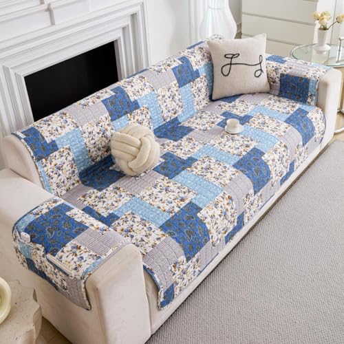 HOMETHREADS Premium Style Anti Slip Sofa Cover Set | Cotton Sofa Slipcover | 1Pc Front Cover with Attached Armrest + 1Pc Back Cover (Blue_White_Sqr, 3 Seater | 175x185cm)