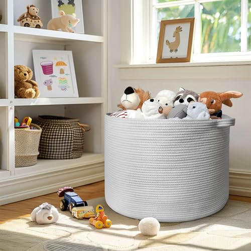 Image of MEGASKET 115L White Cotton Rope Storage Basket, 23.6 inchx15.7 inch Extra Large Blanket Storage Living Room, XXXL Soft Toy Bin for Organizing, Woven Baby Laundry Basket with Handle, Wicker Hamper Nursery