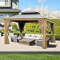 Domi 10x12FT Hardtop Gazebo with Netting & Curtains, Outdoor Aluminum Frame Gazebo with Galvanized Steel Double Roof, Outdoor Permanent Metal Pavilion for Patio Deck Lawn and Garden, Wood-Looking