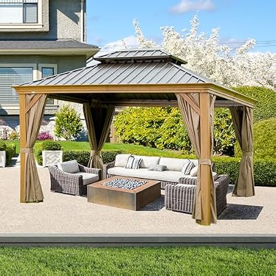 Domi 10x12FT Hardtop Gazebo with Netting & Curtains, Outdoor Aluminum Frame Gazebo with Galvanized Steel Double Roof, Outdoor Permanent Metal Pavilion for Patio Deck Lawn and Garden, Wood-Looking