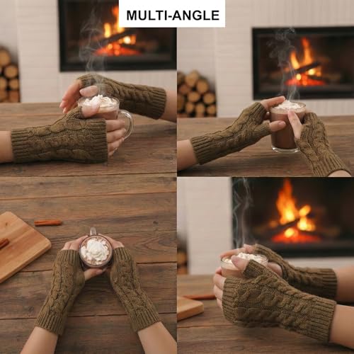 Image of Kraptick Women's Cable Knit Fingerless Gloves - Winter Soft Woolen Arm Warmers with Thumb Hole - Thermal Half Finger Mittens for Typing, Driving & Texting (Free Size, Khaki)