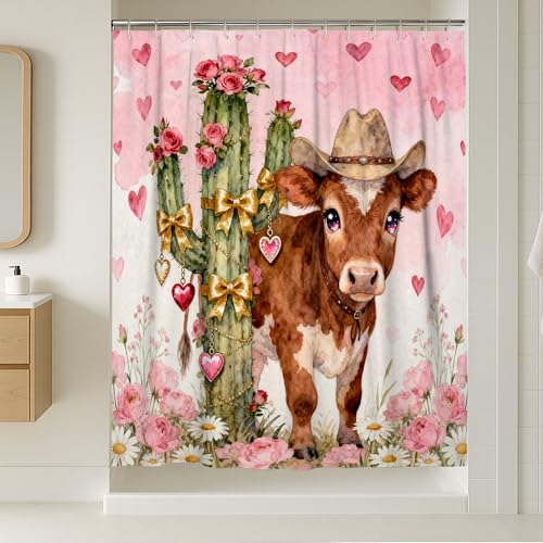 Duschvorhang, Kuh, extralang, rustikal, Kaktus, Rosen, Frühling, Pfirsich, wasserdichter Stoff, Toilettenstoff, Duschvorhänge, Dekoration für Badezimmer, Gästezimmer, 183 x 248 cm