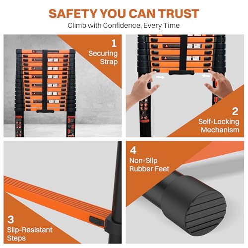 Image of BonKaso Telescopic Ladder 6.2m (20 Ft), 16 Steps | Heavy-Duty Foldable Alloy Steel Ladder with Anti-Slip Steps, 150kg Load Capacity, Rustproof, EN131 Certified | Matt Black & Orange
