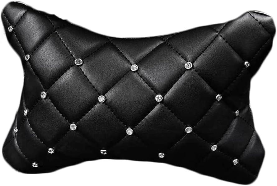 Rhombus Pattern 1pcs with White Rhinestones Decor Neck Cushion Pillow Support Black Crystal Leather Car Headrest