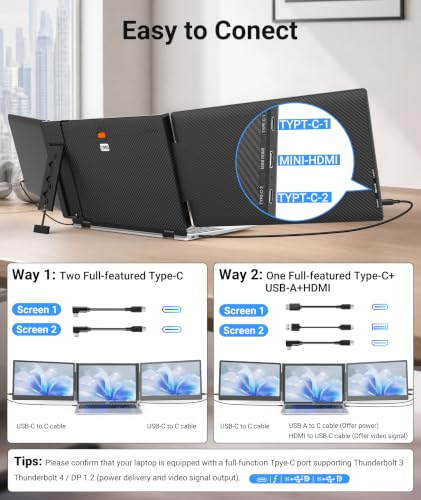 Image of 14.2 inch Laptop Screen Extender, 1080P FHD Triple Portable Monitor for Laptop | For 13-17.3 inch Laptop, Built-in Auto Width Adjustment Button, Plug & Play, Travel Monitor Extender Works with Wins /MacOS /Chrome