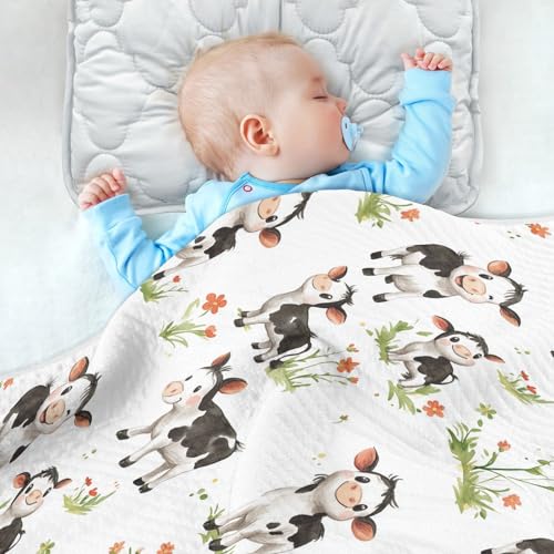 Image of Nursery Bed Blankets for Baby Boy or Girl Soft Warm Stroller Throw Blanket for Infant Toddler Kid Crib Bedding 30X40in Cartoon Cute Cow White