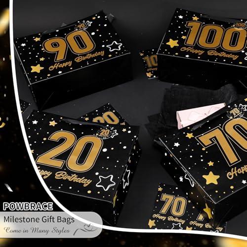 Image of Powbrace 13 inch Black 70th Birthday Gift Bag with Tissue Paper and Greeting Card for Party,Happy Birthday Gift Bag for Men Women,Gift Bags Medium size(1 Black 70th)