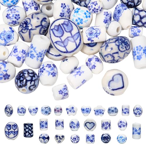 WEWAYSMILE Blue and White Ceramic Beads for Jewelry Making, Flower, 52 Pcs