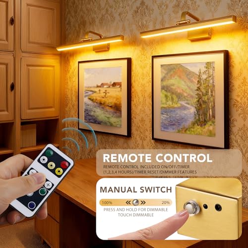 Image of RAIFOOLLY Picture Light, 16inch Picture Lights for Wall Cordless with Timer and Dimmable, 5000mAh Battery Wall Lights for Display Gallery Painting Art Frame Portrait-Brass