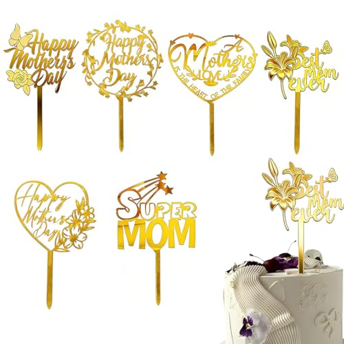 GHPKOTW 6 unidades decoração de bolo, inserção acrílica dourada com coração, flor e desenhos elegantes, decoração de bolo de feliz dia da mãe, para celebração familiar e festa