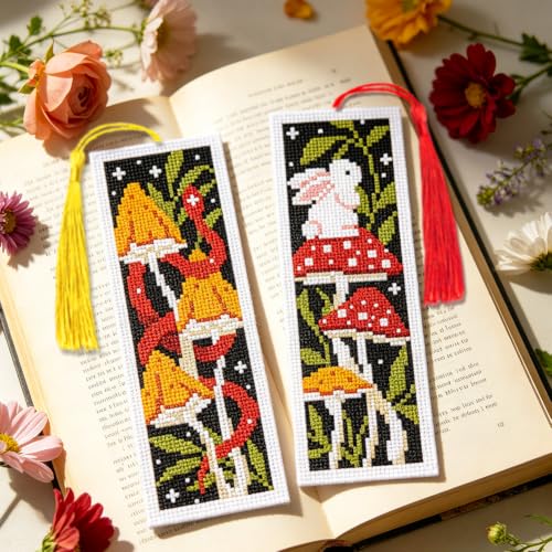 Image of ACRNIGHEET 6PCS Cross Stitch Bookmark Kit for Beginner Stamped Cross Stitch Kits for Adults Mushroom DIY Tassel Embroidery Bookmark Kits Needlepoint Kit with Instructions Craft Gift 8.5''x3'' 11CT