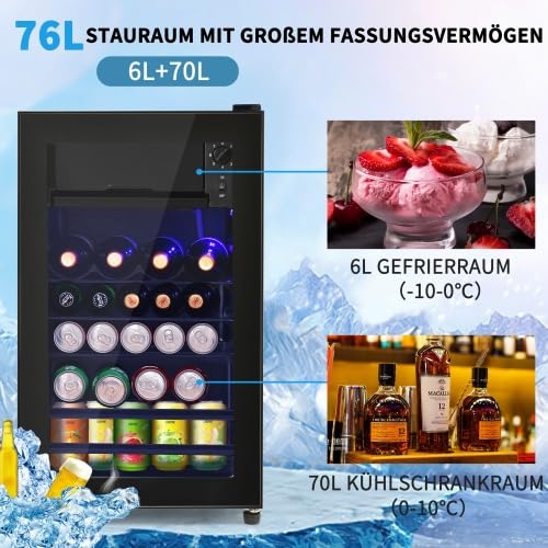 Merax Getränkekühlschrank 76L, Mini Kühlschrank mit Gefrierfach, 6L Gefrierfach + 70L Kühlfach, 43dB, LED-Beleuchtung, 5 Temperatureinstellungen, Energiesparend