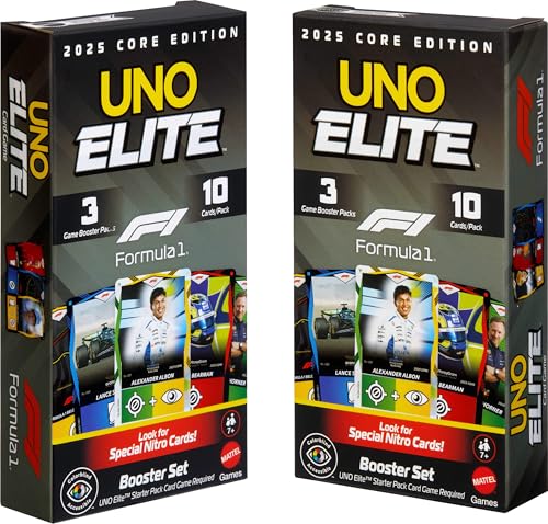 Mattel Games UNO Elite Formula 1 Booster Set 2 Pack with 60 Elite Action Cards 2025 Core Edition