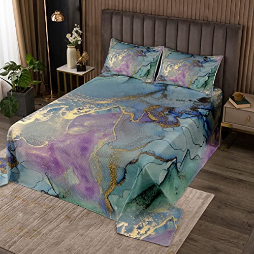 Erosebridal Golden Marble Grain Bedspread Queen,Gradient Marble Texture Quilted Marble Pattern Printed Abstract Coverlet Set Ink Fluid Art Quilt Set Pastel Purple Teal Green Marble Decor #TOP15